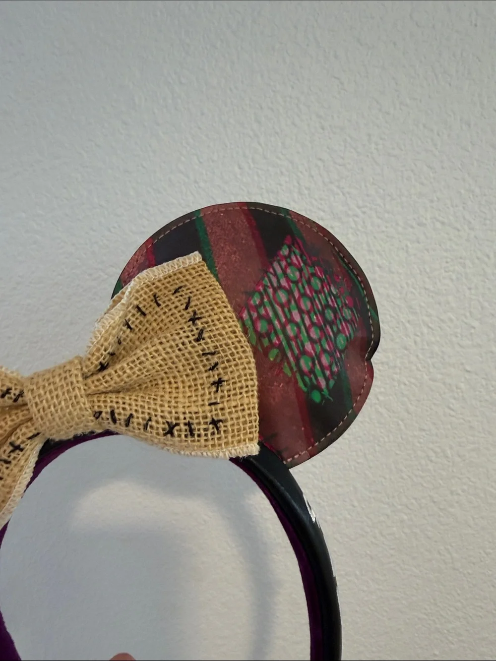 Sally Patchwork Printed Mouse Ear Headband with Burlap Bow